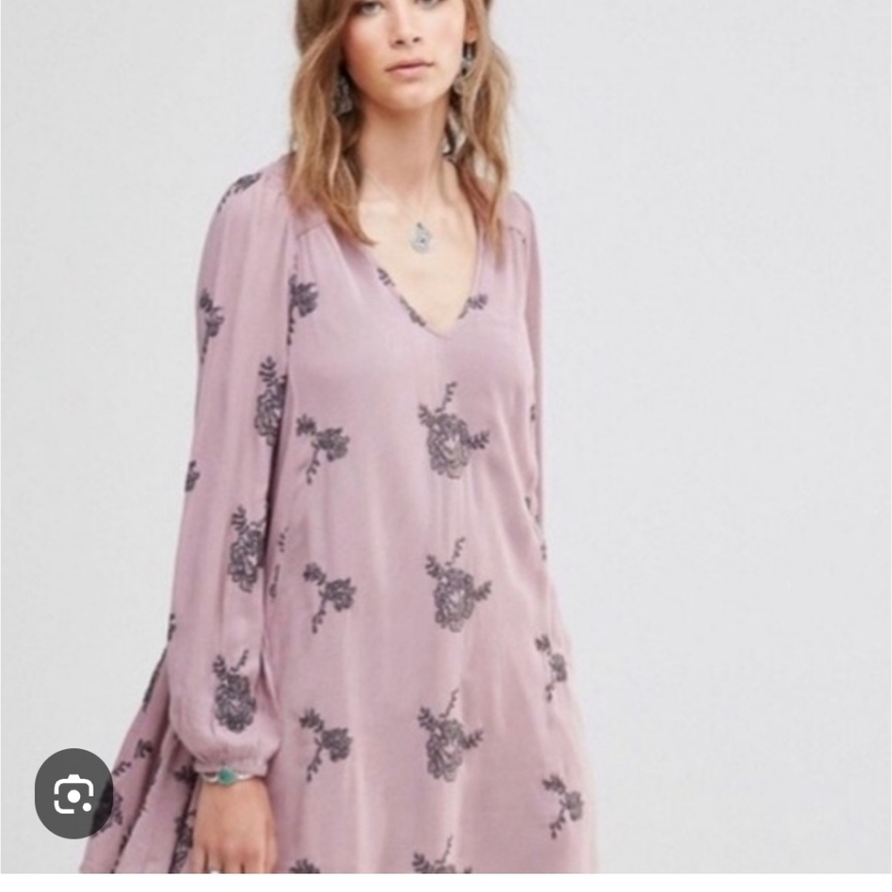 Free People Emma Women's Dusty Rose Floral V-Neck Long Sleeve Dress Tunic Small